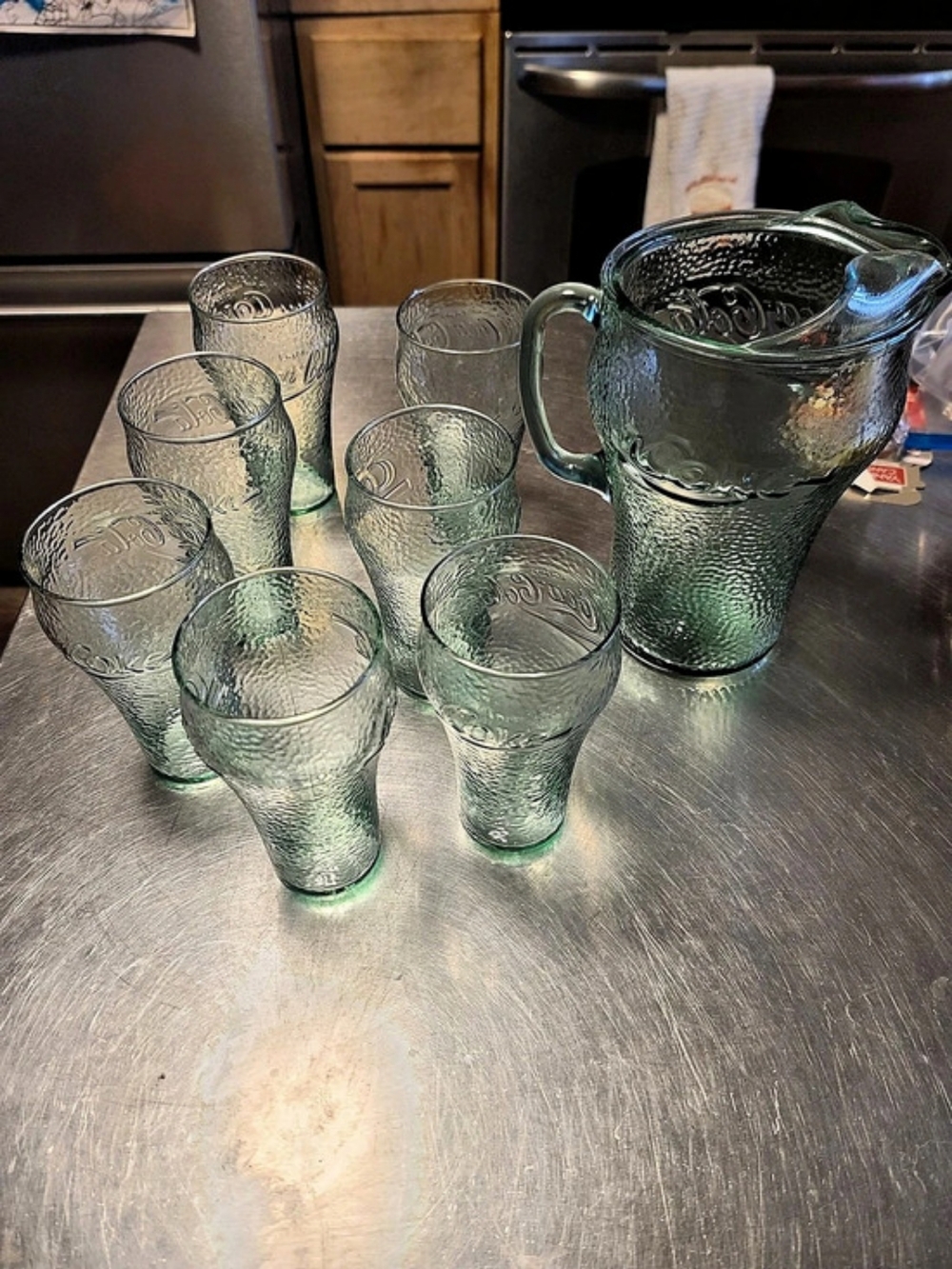 Coca-Cola Green Pebbled Glass Pitcher and Tumbler Set